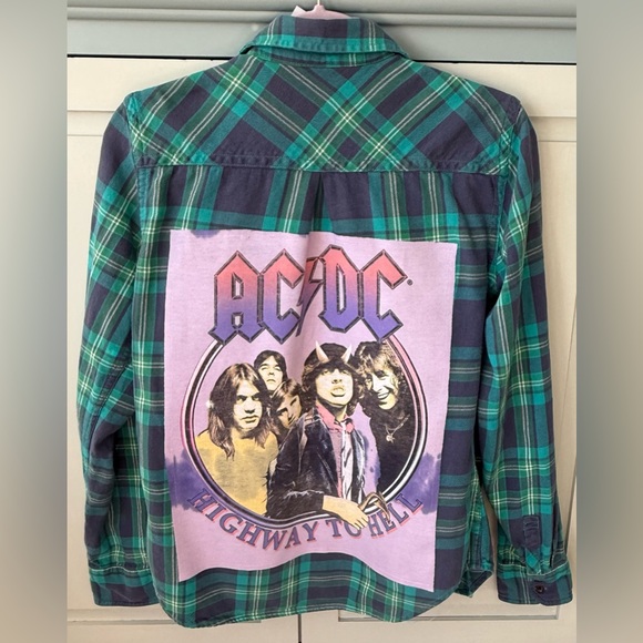 Upcycled AC/DC Band American Eagle Favorite Fit Flannel Plaid Shirt Size M - Picture 1 of 5